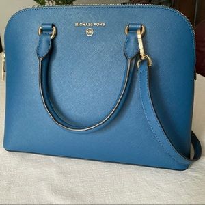MICHAEL KORS Cindy Large Dome Crossgrain Blue Chambray Leather Satchel Purse Bag